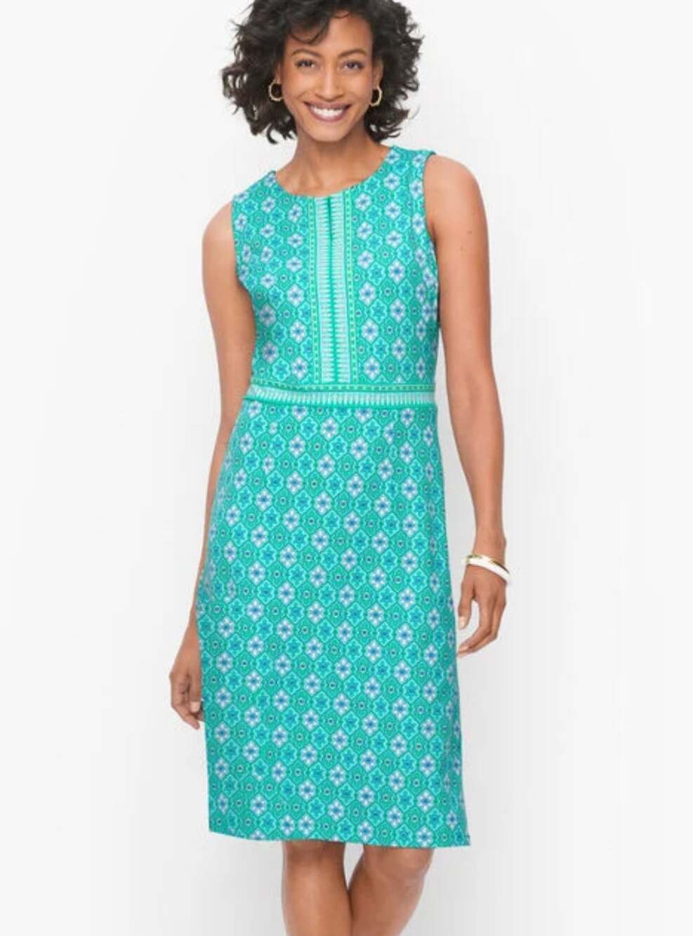 Talbots Womens L Blue Multi Effortless Jersey Medallion Sheath Midi Dress NEW